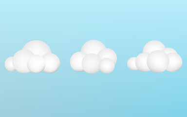 White 3d clouds set isolated on a blue background. Render soft round cartoon fluffy clouds icon in the blue sky. 3d geometric shapes vector illustration