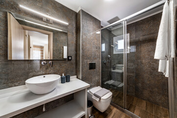 Modern bathroom in grey and brown colors with white bowl sink, toilet,  corner glass shower cabin, tap mounted in the wall, square mirror wuth light above.