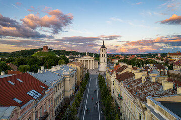 Aerial summer beautiful sunset view of Vilnius Old Town (Gediminas Avenue), Lithuania - obrazy, fototapety, plakaty