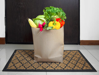 Food shopping bags stand at the door of the house or apartment. Vegetables and fruits delivery at...