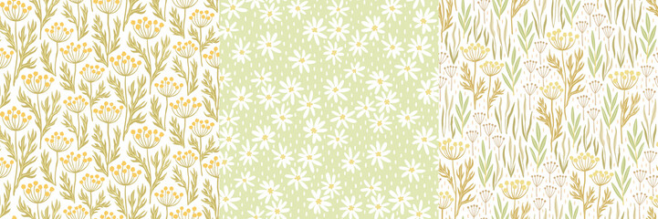 Set of hand-drawn seamless patterns with stylized wildflowers. Colorful floral illustrations for paper and gift wrap. Fabric print textured design. Creative stylish meadow background.