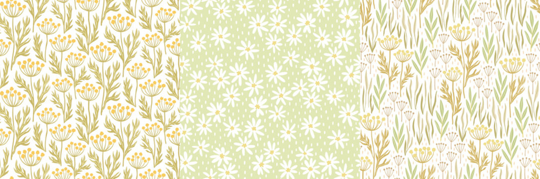 Set of hand-drawn seamless patterns with stylized wildflowers. Colorful floral illustrations for paper and gift wrap. Fabric print textured design. Creative stylish meadow background.