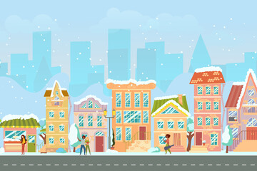 Obraz premium City street. Panoramic cityscape with bright houses, walking pedestrians, snow. Shop and stores. Winter city. Vector illustration in cartoon style.