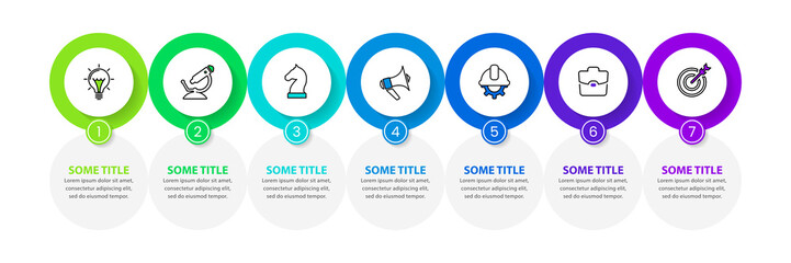 Infographic template. 7 circles with icons and text in a row