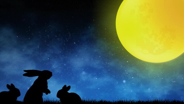 Fantastic big full moon and
rabbits silhouette . Simple natural background .night sky