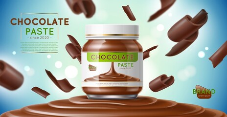 Chocolate product poster. Realistic jar with cocoa butter or paste, flying chocolate pieces, sweet dessert food, dark spread, confectionery snack, utter vector advertising horizontal banner