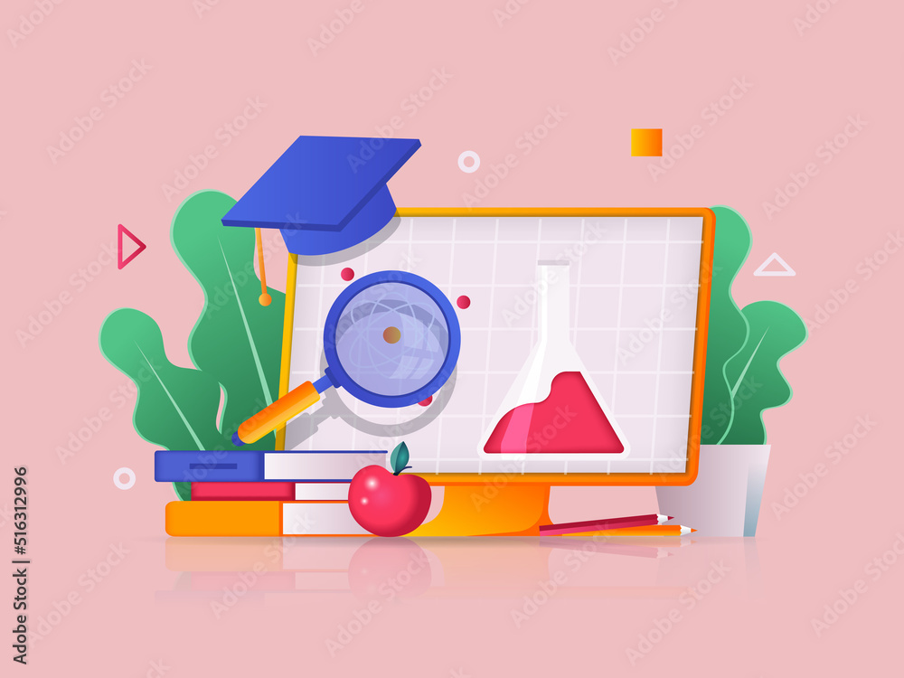 Poster online education concept 3d illustration. icon composition with watching video lectures on computer 