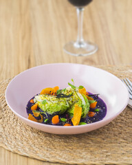 Tempered lettuce buds salad with purple potato foam and pickled vegetables
