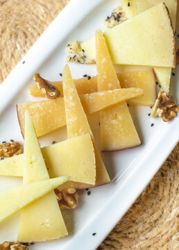 Assortment of Zamorano cheeses, Spain. Cured cheese, old sheep cheese and truffled cheese
