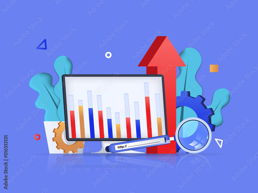 Poster Seo optimization concept 3D illustration. Icon composition with keyword research on computer screen, web analytics, increase website traffic, seo marketing. Vector illustration for modern web design