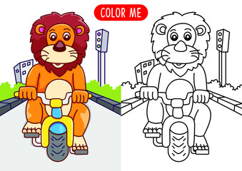 coloring book with lion riding a bicycle illustration