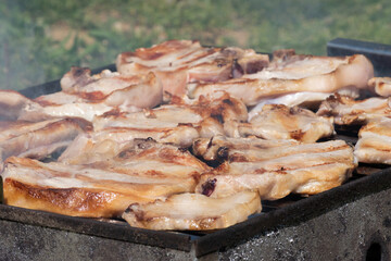 Obraz na płótnie Canvas Pork cooking on barbeque close up, delicious food preparation