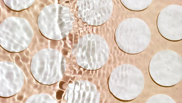 Single wave making ripples and splashes on water surface over cotton pads arranged in rows on beige background | beauty background, cleansing lotion commercial
