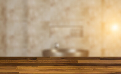 Modern bathroom including bath and sink. 3D rendering.. Sunset.. Background with empty wooden table. Flooring.