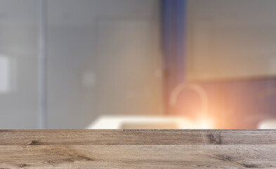Scandinavian bathroom, classic  vintage interior design. 3D rend. Background with empty wooden table. Flooring.