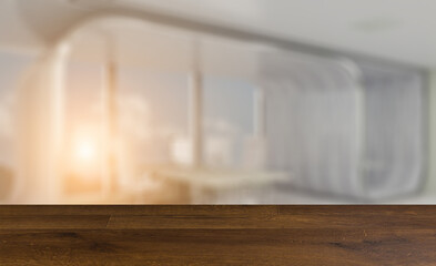 Modern office Cabinet.  3D rendering.   Meeting room. Sunset.. Background with empty wooden table. Flooring.