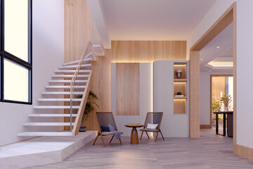 3d rendering,3d illustration, Interior Scene and  Mockup,hall stairs interior render,living chair.