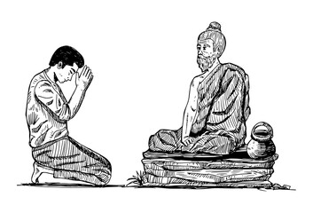 Guru Purnima (Poornima) background, hand drawn a man is worshipping a spiritual teacher - obrazy, fototapety, plakaty