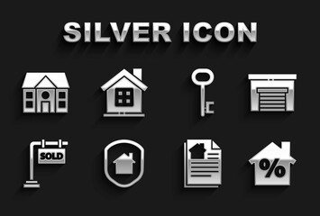 Set House under protection, Garage, with percant discount, contract, Hanging sign Sold, key, and icon. Vector