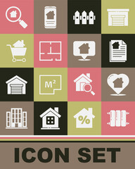 Set Heating radiator, House with heart shape, contract, Garden fence wooden, plan, Shopping cart house, Search and Location icon. Vector