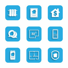 Set House plan, under protection, Closed door, Online real estate house, Real message, with dollar symbol and Heating radiator icon. Vector