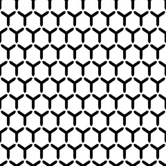 Repeated white interlocking regular hexagons tessellation background. Seamless surface pattern design with bee combs. Hexagonal grid motif. Honeycomb wallpaper. Black three pronged blocks. Vector.