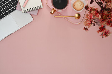 Laptop computer, notepad, coffee cup and flower pot on pink background. Feminine workspace