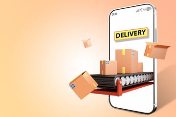 Delivery service app. Conveyor with boxes in phone. Word delivery in smartphone screen. Mobile phone for courier business. Concept of fast delivery services. Place for inscription on beige. 3d image.
