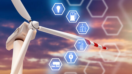 White windmill. Wind power plant. Renewable energy. Wind power generator. Wind turbine close-up. Art blurred. Concept equipment for regenerative energy. Green sources of electrical energy. 3d image. © Grispb