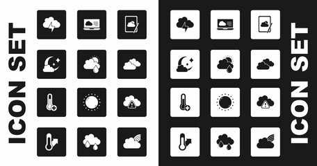 Set Weather forecast, Cloud with rain and sun, moon, Storm, warning and Meteorology thermometer icon. Vector