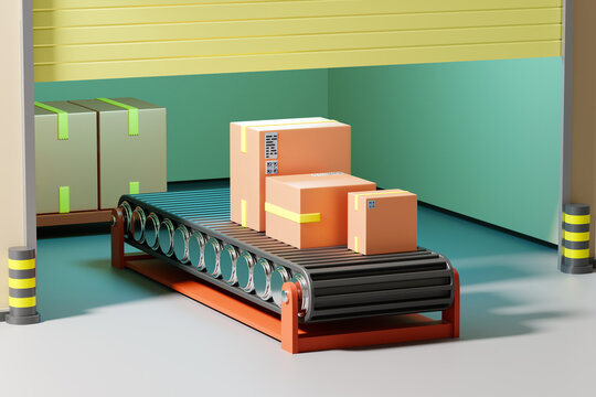 Warehouse technologies. Conveyor inside robotic warehouse. Modern warehouse without people. Boxes in storage building. Conveyor for fast processing parcels. Small room with automatic gate. 3d image