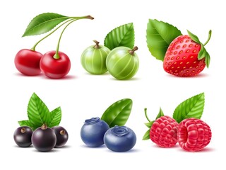 Realistic berries. Different seasonal berries and fruits with leaves, natural dessert, jam or juice. Fresh raspberry, blueberries and raw strawberry, 3d cherry and currant, utter vector set
