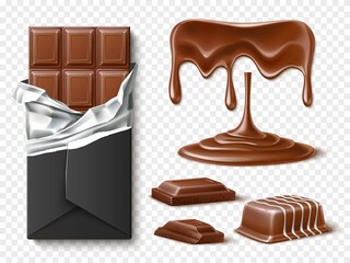 Realistic chocolate cacao. Icing candies, dark and milk pieces, smudges and jets, healthy sweets, whole and pieces, chocolate addiction, bar in foil, confectionery snack utter vector set