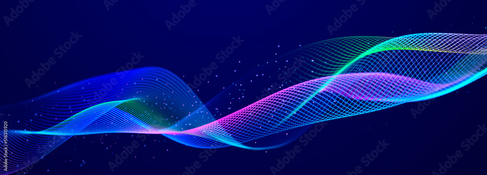 Poster Technology background. Data stream. Movement of luminous lines on dark background. 3d