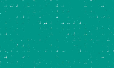 Seamless background pattern of evenly spaced white kick scooter symbols of different sizes and opacity. Vector illustration on teal background with stars