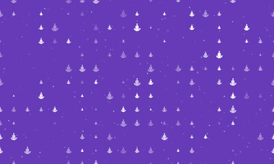 Seamless background pattern of evenly spaced white yoga symbols of different sizes and opacity. Vector illustration on deep purple background with stars