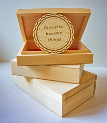 Engrave Thoughts become things on wooden boxes - obrazy, fototapety, plakaty