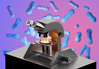 Microscope for doctor. Elements microflora behind microscope. Bifidobacterial in background. Doctor microscope for scientific research. Concept analysis microflora of organism. Art Blurred. 3d image