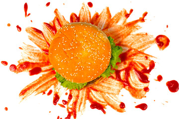 Hamburger on a background of splattered ketchup on a white background.Creative hamburger.