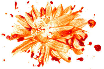 Red stain from ketchup smeared on a white background.