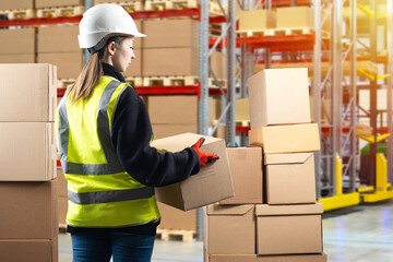 Businesswoman in warehouse. Woman with boxes at logistics center. Businesswoman in reflective vest...