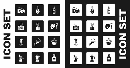Set Bottle of wine, Italian cook, Handbag, Cheese, Paint brush with palette, Mandolin, olive oil and Mannequin icon. Vector