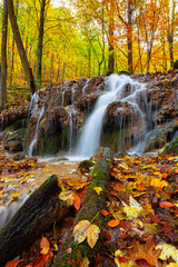 Fototapeta na wymiar Small waterfall with mossy tree trunk in the foreground and lots of multicolored leaves