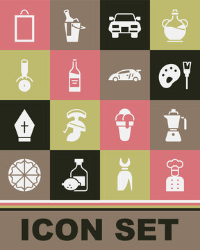 Set Italian cook, Coffee moca pot, Paint brush with palette, Car, Bottle wine, Pizza knife, Picture and Sport racing car icon. Vector