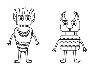 Set of funny cute monsters, aliens or winged fantasy animals for children coloring books or fashion. Hand drawn line art cartoon vector illustration.
