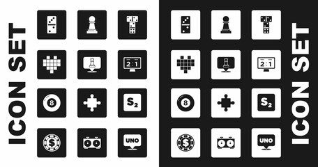Set Domino, Chess, Pixel hearts for game, Sport mechanical scoreboard, Bingo and Billiard pool snooker ball icon. Vector