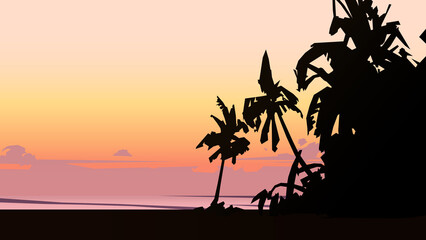 Sunset beach, orange sky. Vector illustration © Voidentir