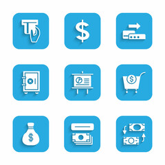 Set Chalkboard with diagram, ATM and money, Money exchange, Shopping cart dollar, bag, Safe, Pos terminal and Credit card inserted icon. Vector