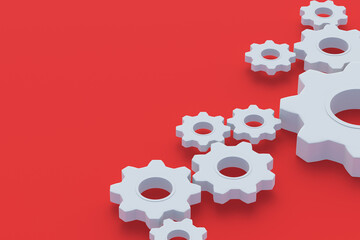 Many gears on red background. Copy space. 3d render