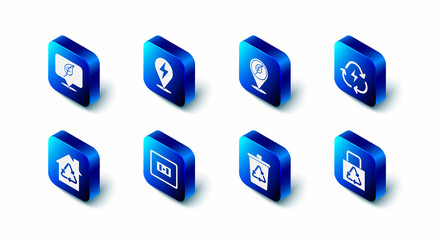 Set Lightning bolt, Location with leaf, Battery recycle, Paper bag, Recycle bin, Electrical outlet, Eco House recycling and icon. Vector